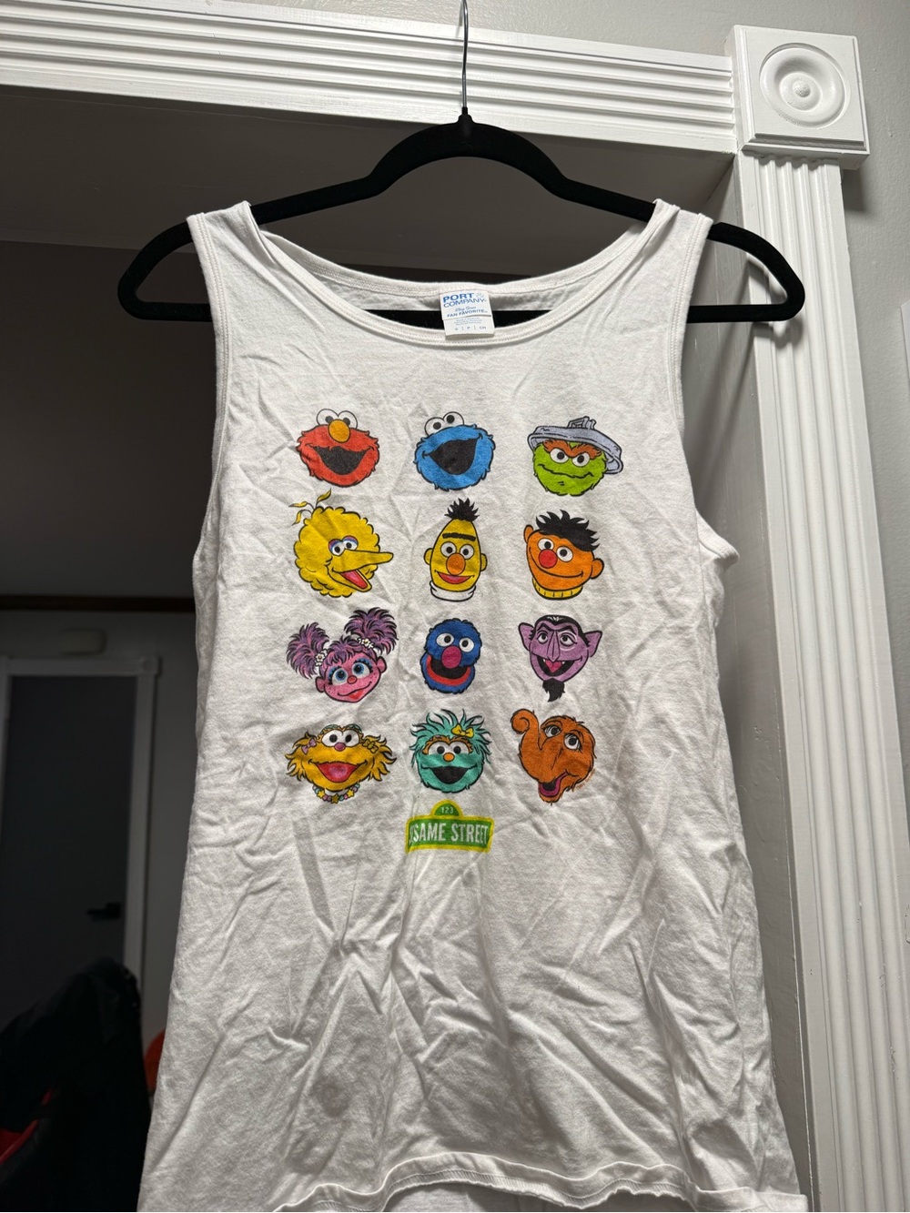 Amazon White Tank Top with Multicolor Sesame Street Character Faces
